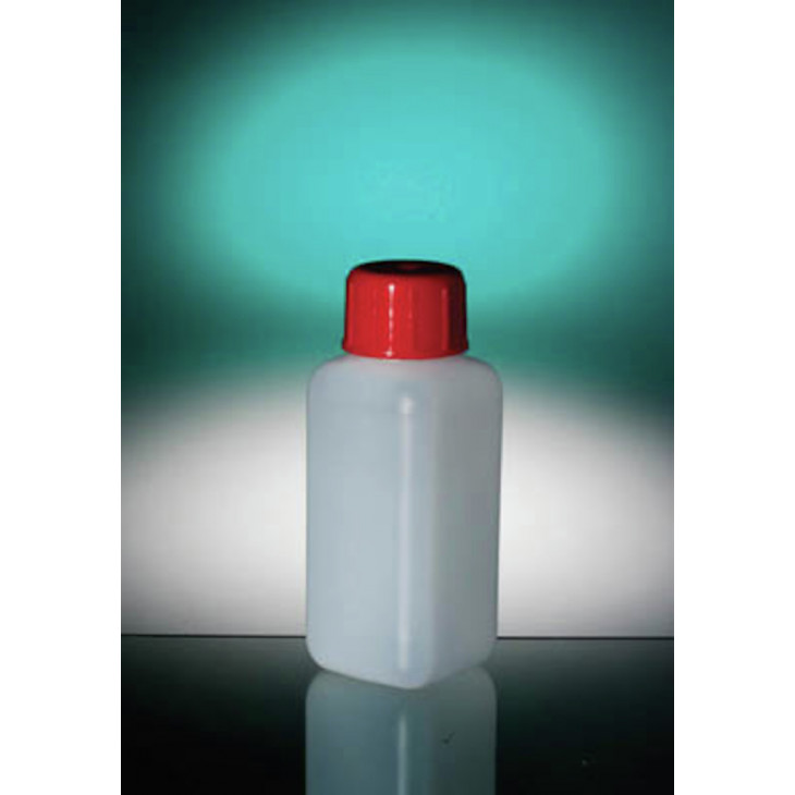 FLACON CARRE EN PEHD ASEPTIQUE CAPE A VIS ROUGE 100ML -P.300