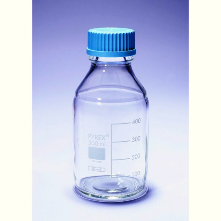 FLACON CLAIR 100ML VERRE PYREX AVEC BOUCHON A VIS BLEU GL45 - X10