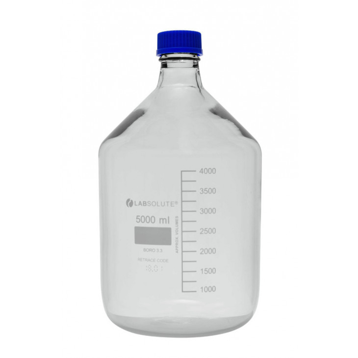 FLACON VERRE CLAIR GL45 AVEC BOUCHON/BAGUE PP BLEU 5L
