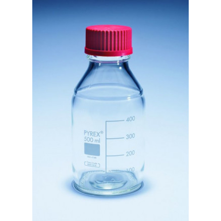 FLACON CLAIR 500ML VERRE PYREX AVEC BOUCHON A VIS ROUGE - X10