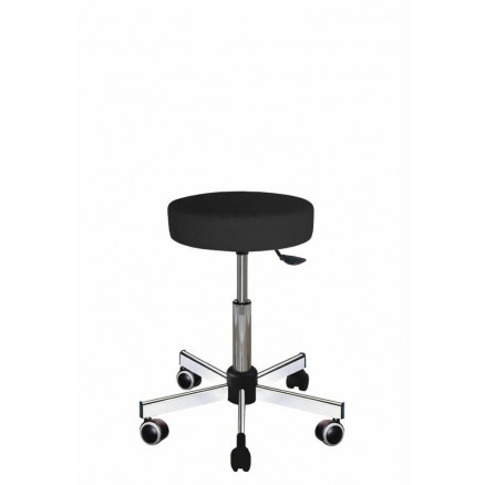 TABOURET VINYLE NOIR, ACIER, ROULETTE, SS REPOSE PIEDS