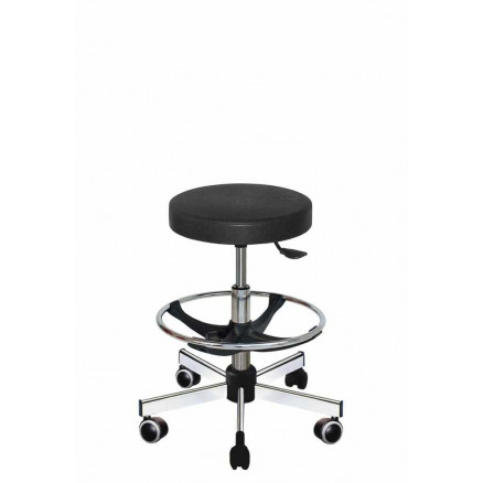 TABOURET POLYURETHANE NOIR, ACIER ROULETTES, REPOSE PIEDS