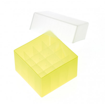 BOITE EN PP JAUNE POUR 16 TUBES 1,5-1,8-2ML + COUV.