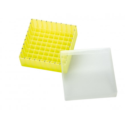 BOITE EN PP JAUNE POUR 81 TUBES 1,5-1,8-2ML + COUV.