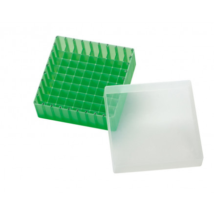 BOITE EN PP VERT POUR 81 MICROTUBES 1,5-1,8-2ML + COUV.