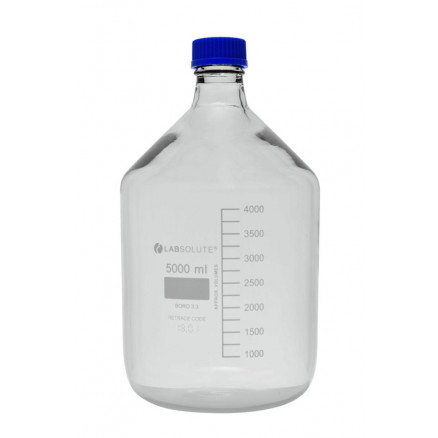 FLACON VERRE CLAIR GL45 AVEC BOUCHON/BAGUE PP BLEU 5L