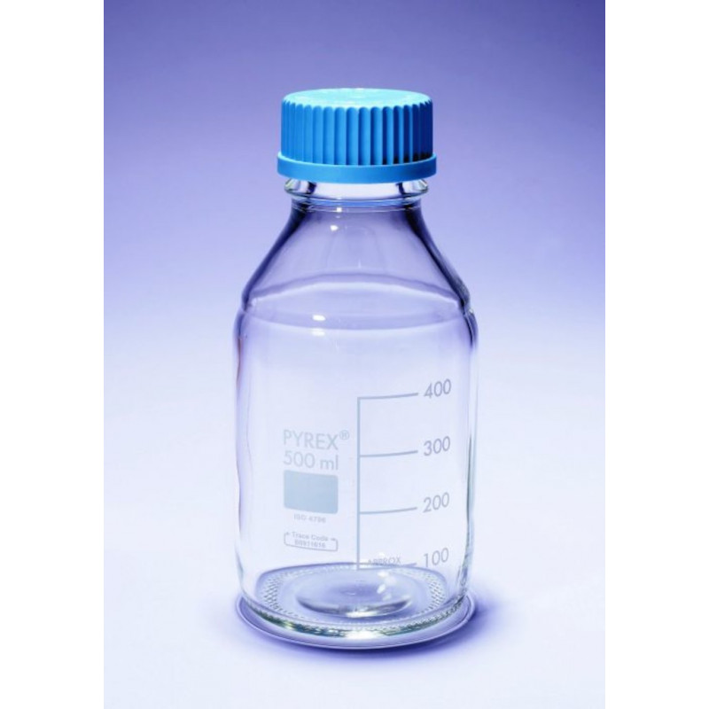 FLACON CLAIR 1L VERRE PYREX AVEC BOUCHON A VIS BLEU - X10