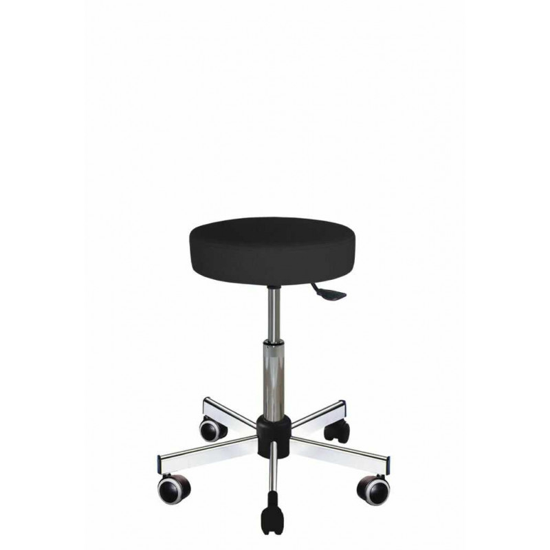 TABOURET VINYLE NOIR, ACIER, ROULETTE, SS REPOSE PIEDS