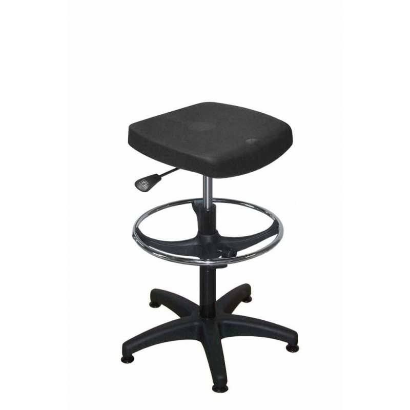 TABOURET POLYURETHANE NOIR, ACIER PATINS, REPOSE PIEDS