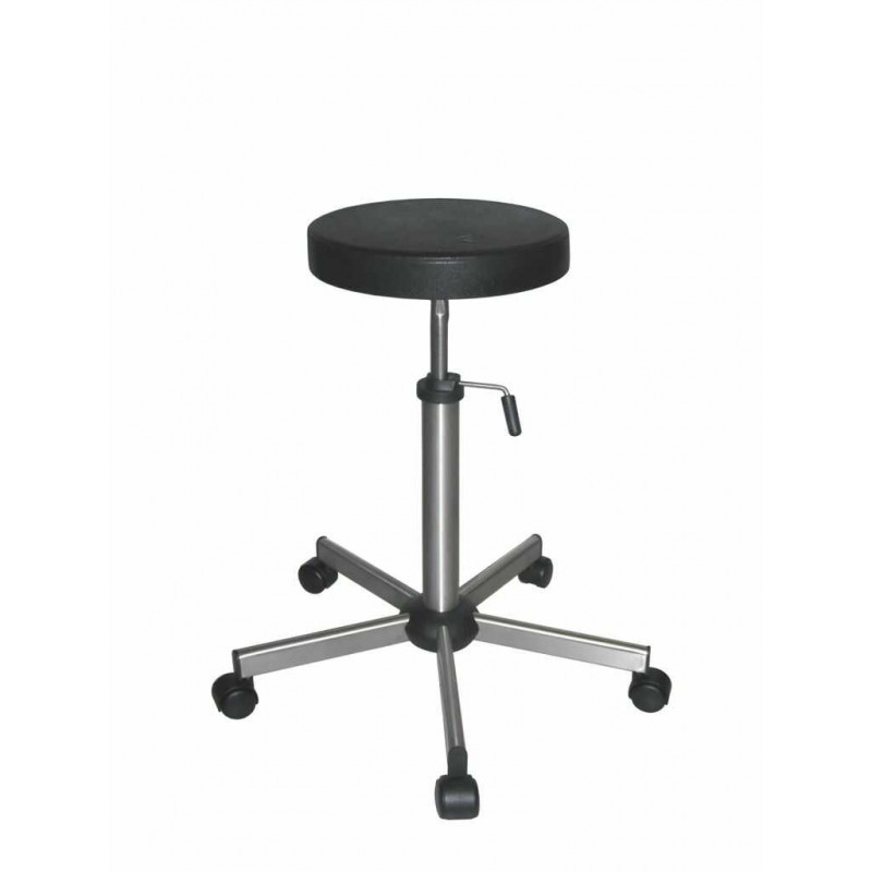 TABOURET POLYURETHANE NOIR, INOX ROULETTE, SS REPOSE PIEDS