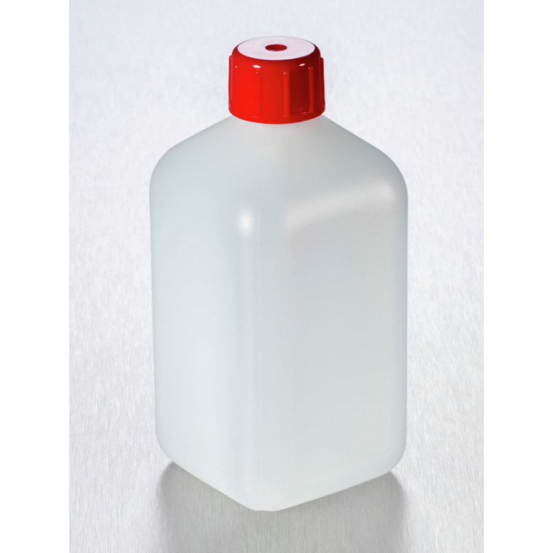 FLACON EN PE E.O. CAP.500ML AVEC CAPE ROUGE - CARTON 100