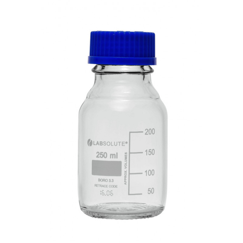 FLACON VERRE CLAIR GL45 +BOUCH /BAGUE PP BLEU 250ML X10