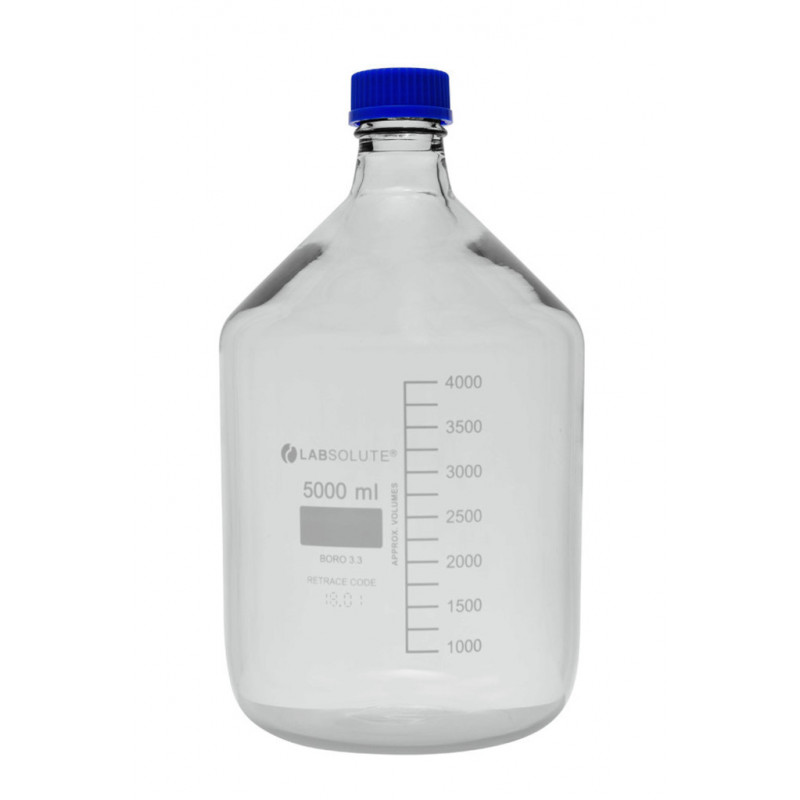 FLACON VERRE CLAIR GL45 AVEC BOUCHON/BAGUE PP BLEU 5L