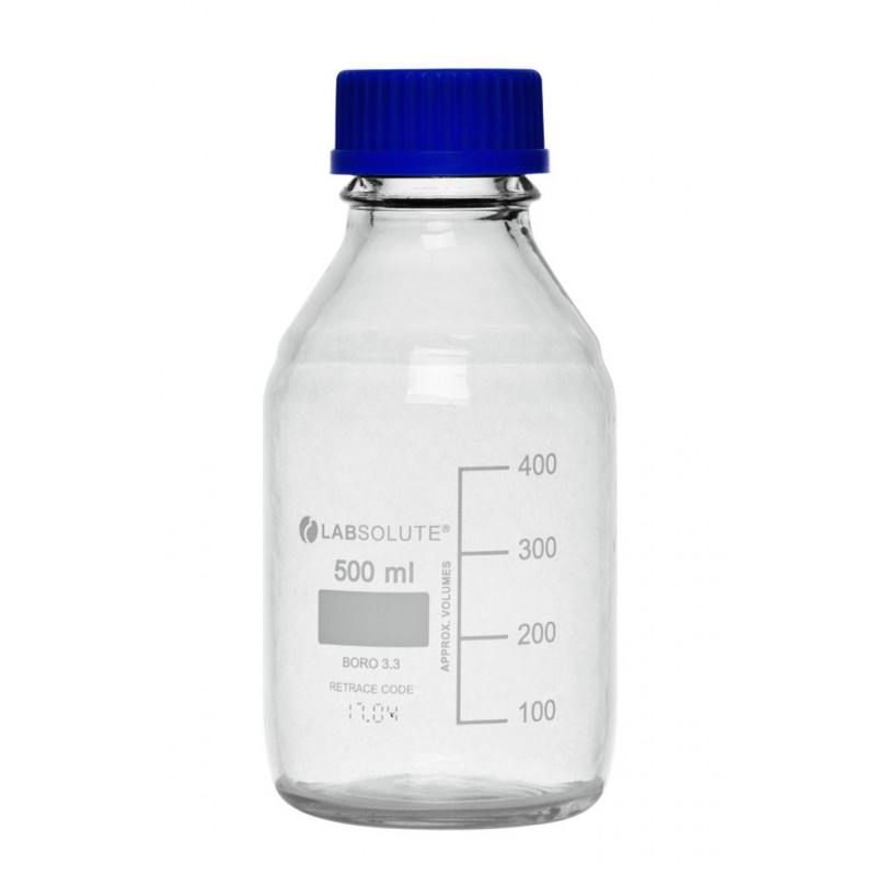 FLACON VERRE CLAIR GL45 AVEC REVETEMENT + BOUCHON 500ML