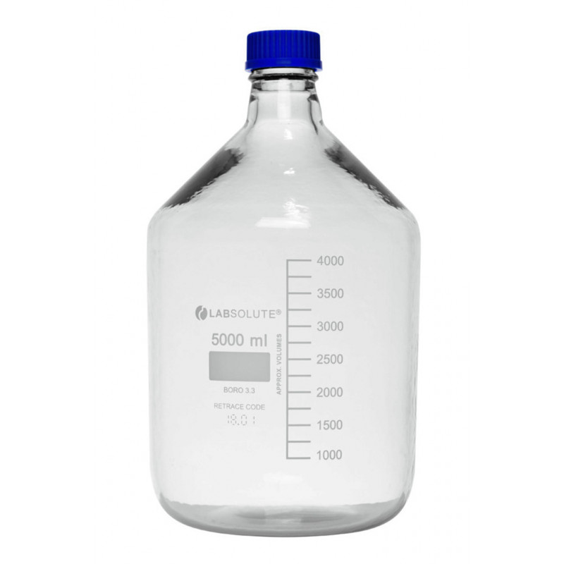 FLACON VERRE CLAIR GL45 AVEC REVETEMENT + BOUCHON 5L