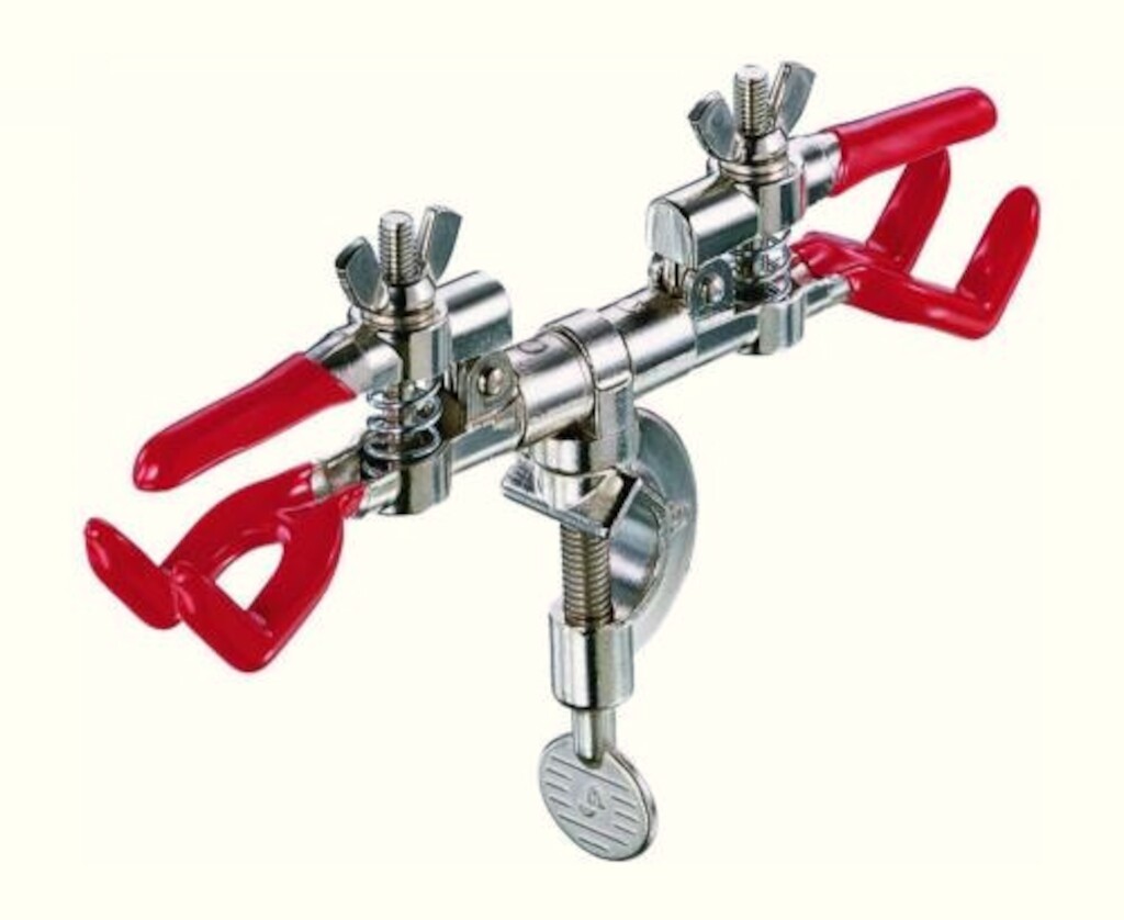 [258758] PINCE EN ACIER NICKELE POUR 2 BURETTES AVEC 3 DOIGTS